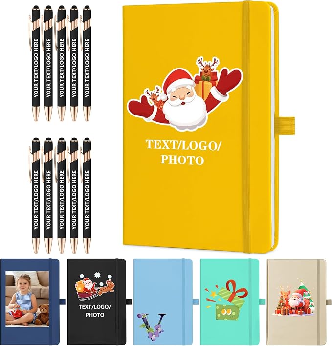 ENOMY Personalized Notebook & 10 PC Pens Gift Set Custom Notebook Journal A5 200 Pages A5 Lined Journal for Men Women Hardcover Notebooks for Work College Graduation Gifts, Yellow