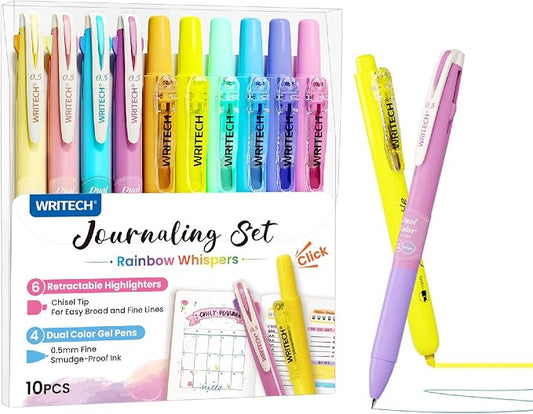 WRITECH Gel Pens Journaling Highlighters: Journal Set Aesthetic Assorted Pastel Color Ink 0.5mm Fine Point Retractable 2 in 1 Pen Smooth Writing Drawing 10ct