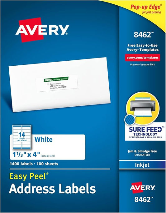 Avery Easy Peel Printable Address Labels with Sure Feed, 1-1/3" x 4", White, 1,400 Blank Mailing Labels (08462) (Pack of 5)