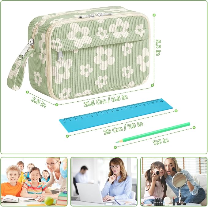 WOBAGMEN Cute Pencil Case,Large Corduroy Zippered Pencil Case Pouch, aesthetic Pencil Bag with Compartments, Pencil Pouch School Supplies (Cute Green Floral)