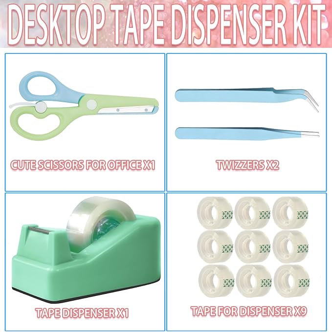 XEUZK Desktop Tape Dispenser Kits with Weighted Nonskid Base Tape Dispenser- Includes 9 Rolls of Transparent Tape(0.71 Inch x 500 inches Each) & Blue Scissors, 2 Pcs Tweezers (Green)