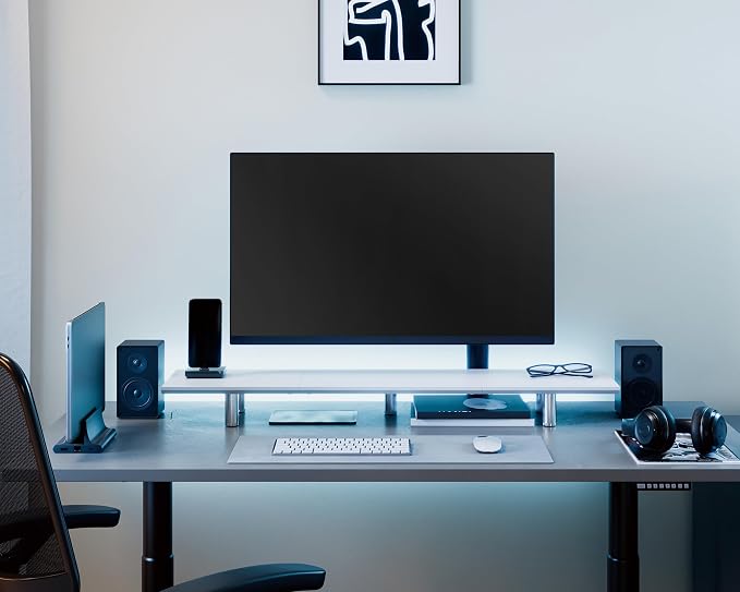 Fenge 39.4” Dual Monitor Stand with Height Adjustable Legs, White | Wooden & Steel, Ergonomic Height 3.6" to 4.4", Underneath Storage, Holds up to 99lbs, Laptop Monitor Stand for Home Office