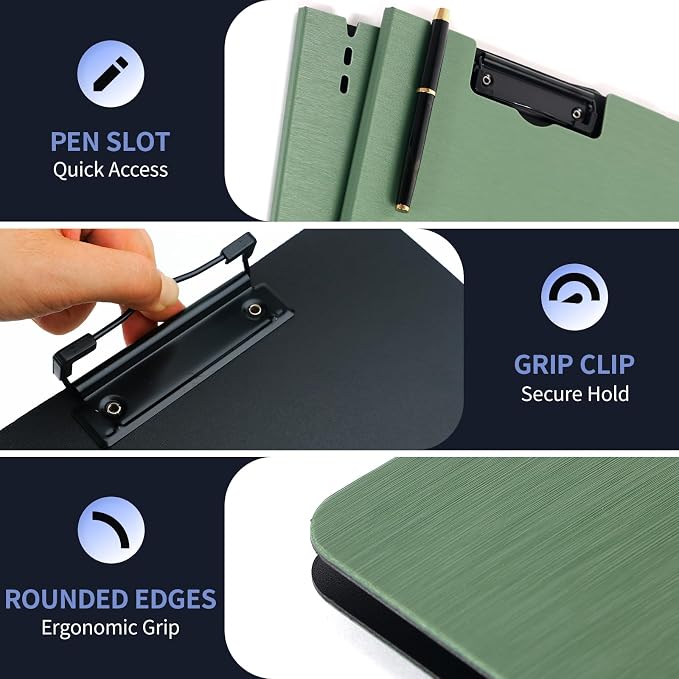 Clipboard Folder, with Dual Metal Clips, Embossed-Texture, Folding 360° Rotating, Nursing Clipboard for Letter and A4, Pen Holder (Green, 2)