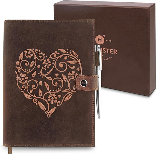 moonster Refillable Leather Journal Embossed Heart Shape Cover Design Journals with Pen – Milled A5 Leather Journal Lined Paper - Journals for Women – Vintage Journal - 320 Pages