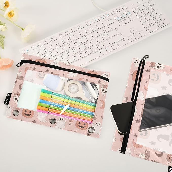 Emelivor Halloween Pumpkin Head Pencil Pouch for 3 Ring Binder 2 Pack Binder Pencil Case with Clear Window Pencils Bags with Zipper for Office Daily College Home Supplies