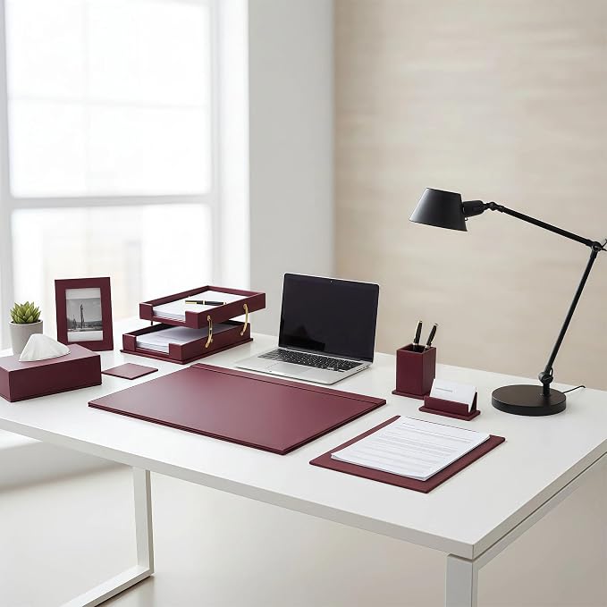 Leather Desk Set,13-Piece Desk Organizer Set, Executive Office Accessories with Desk Pad & Blotter, 2-Tier Tray, Pen Holder & More, Professional Office Desk Decor & Gift Set (Burgundy)