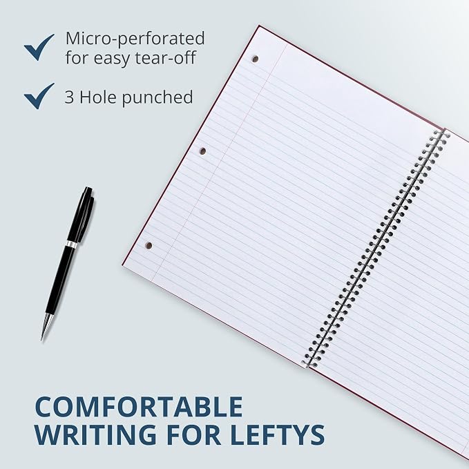 ROARING SPRING Lefty Spiral Notebook, Left-Handed One Subject Notebook, 11" x 9", 100 Sheets, College-Ruled, Perforated, Assorted Saranac Covers, Made in USA