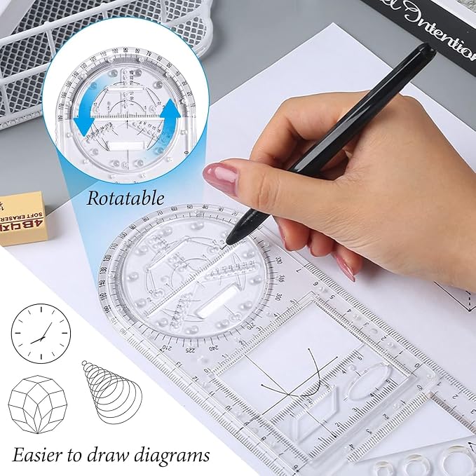 Multifunctional Geometric Ruler, 2 Pcs Geometric Drawing Template Measuring Tool Plastic Mathematics Drawing Ruler, Draft Rulers for Student School Office Supplies and Building Supplies-Clear