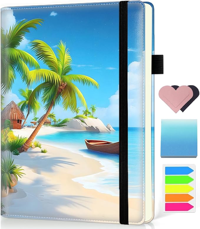 Hardcover Executive Notebooks, A5 PU Leather Lined Journal Notebook, 200 Pages Thick Paper Subject Notebooks for School,Work,Home Writing Business Notebook, Diary Book ，Ocean Beach
