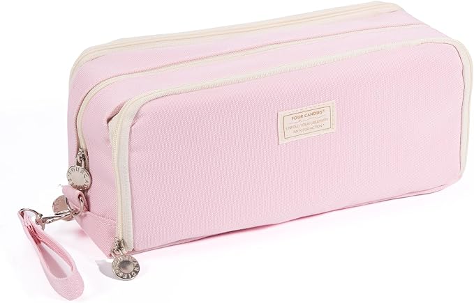 Four Candies Pink Pencil Case 3 Compartment, Large Pencil Pouch with Removable Handle & Zipper, Cute Stationery Organizer Big Pencil Case for Markers, Pencil Bag for Office College, Pink