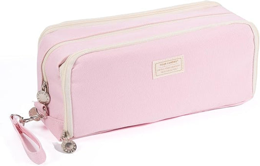 Four Candies Pink Pencil Case 3 Compartment, Large Pencil Pouch with Removable Handle & Zipper, Cute Stationery Organizer Big Pencil Case for Markers, Pencil Bag for Office College, Pink