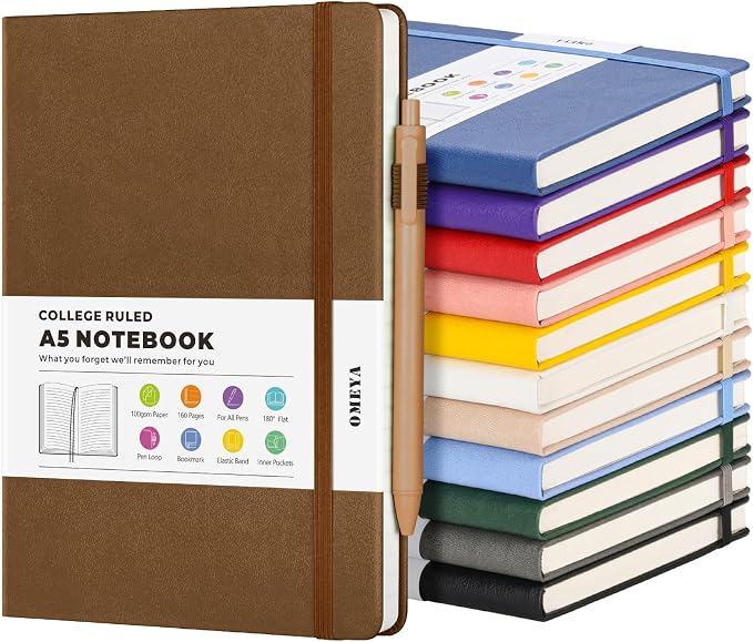 OMEYA A5 Hardcover Notebooks for Work:12 Pack, 100gsm Paper, 160 Pages Each | College-Ruled Pages, 5.75" x 8.38", PU Leather Hardcover, 12 Pens, 2 Inner Pockets, 180° Lay-Flat, For Business, School