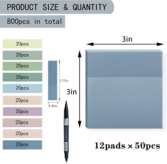 YOUDEFUL 800Pcs Transparent Sticky Notes, Morandi Blue Clear Sticky Notes, 3"x3" Waterproof Translucent Sticky Note Pads, Index Tabs, Clear Post it Notes for Bible Study, See Through Sticky Notes