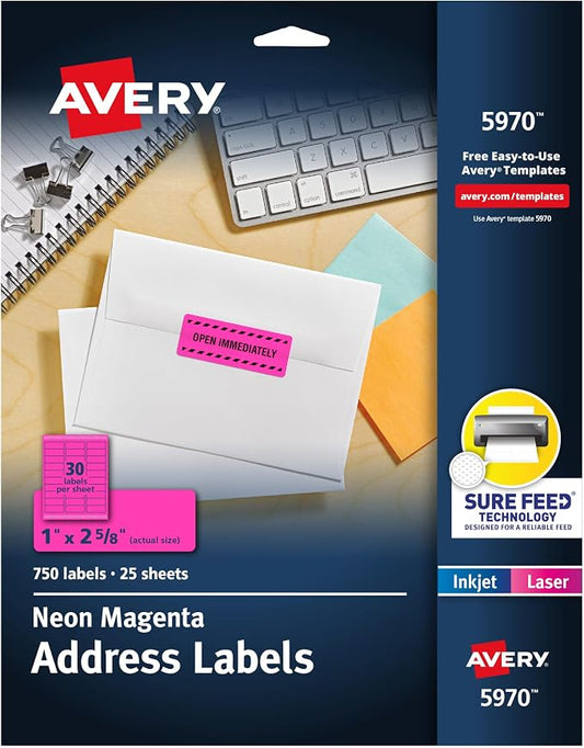 Avery Printable Address Labels with Sure Feed, 1" x 2-5/8", Neon Magenta, Laser & Inkjet Compatible, 750 Blank Labels Total, Great for Branding, Mailing, Organizing, and More (5970)