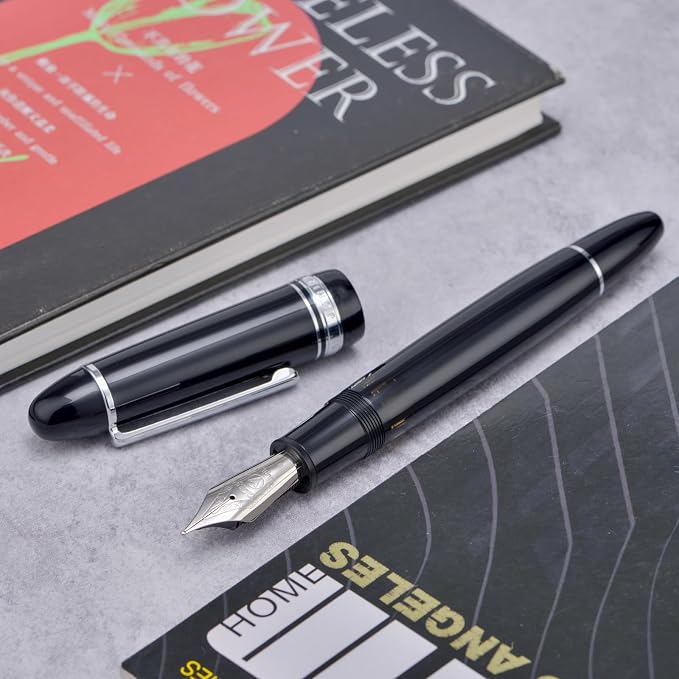 Yongsheng Junlai 930 Acrylic Fountain Pen, Size 9 Broad Nib with Piston Filling System, Piano Black Fence Ink Tank with Torpedo Shape Design Large Hand Pen (Silver Trim)