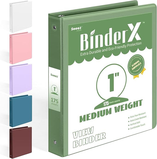 BinderX Extra Durable 3 Ring Binder, Round Rings 1 Inch Binder, Fits 175 Sheets of 8.5x11 Paper, Customizable View Cover with Inside Pockets, Cute 1" Binders, 1 Inch Binders 3 Ring, Olive Green