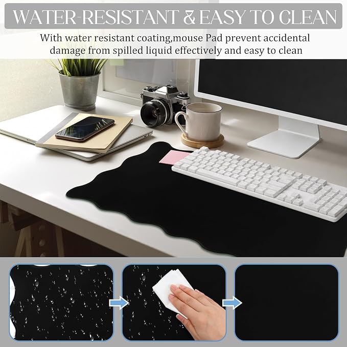 Hahafelt Scalloped Desk Mat Large Desk Pad Cute Coquette Table Mat Back to School Preppy Table Make up Pad Nonslip Graduation Gift with Stitching Waterproof Gaming(Black,31.5 x 15.8 Inches)