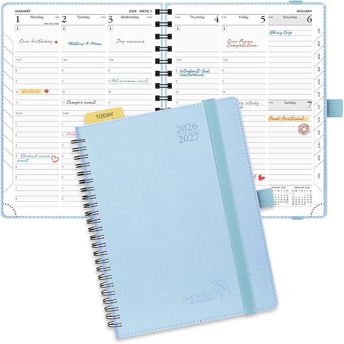 POPRUN Planner 2026-2027 (Medium - 6.5'' x 8.5'') Academic Weekly Planner | Calendar(July 2026 - June 2027) Appointment Book with Hourly Time Slots, Monthly Tabs, 100GSM, Spiral Leather Cover - Blue