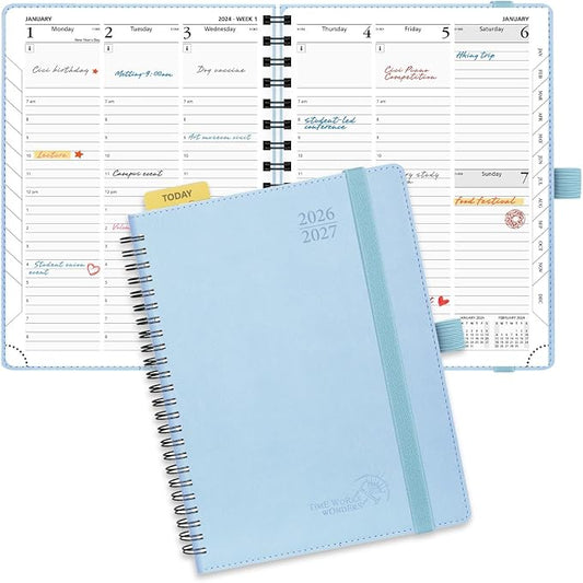 POPRUN Planner 2026-2027 (Medium - 6.5'' x 8.5'') Academic Weekly Planner | Calendar(July 2026 - June 2027) Appointment Book with Hourly Time Slots, Monthly Tabs, 100GSM, Spiral Leather Cover - Blue
