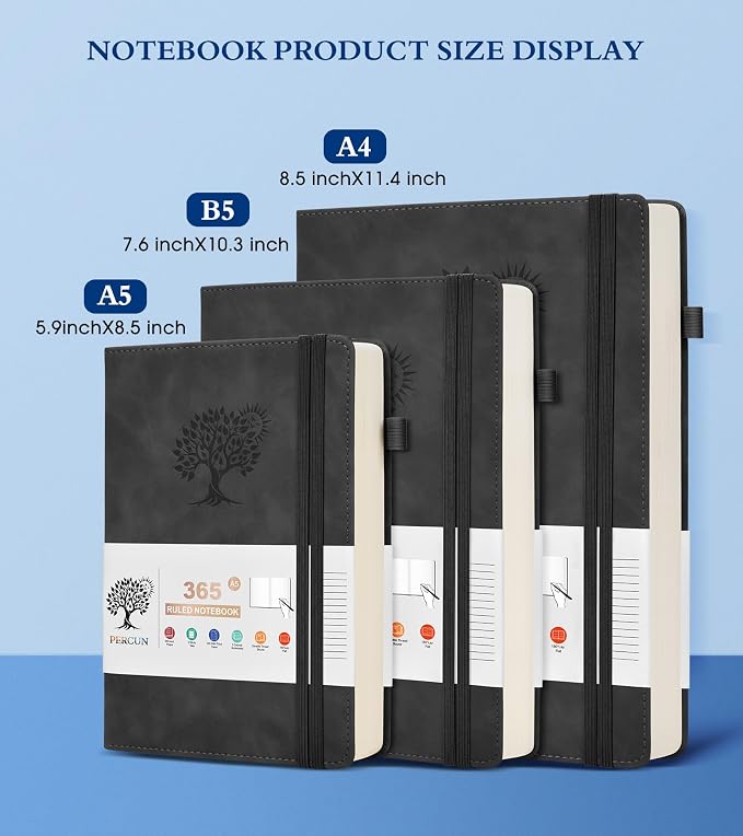 PERCUN B5 Lined Journal Notebook - 365 Page Large Leather Journals for Writing Women Men，Hardcover Notebook with 100Gsm Thick Pages，Daily Diary for Travel, Work，School，College Ruled (7.6" x 10.3")