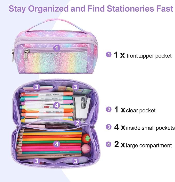 Large Pencil Case for Girls, Aesthetic Pencil Pouch for School, Wide Opening Organizer Box with Handle, Fits 50 Pens & Markers (Glitter Purple Mermaid) | Kids Pencil Case & Wide Handle, Water Resistent Organizer Box,Fits 50 Pens & Markers, Daily Use, G...