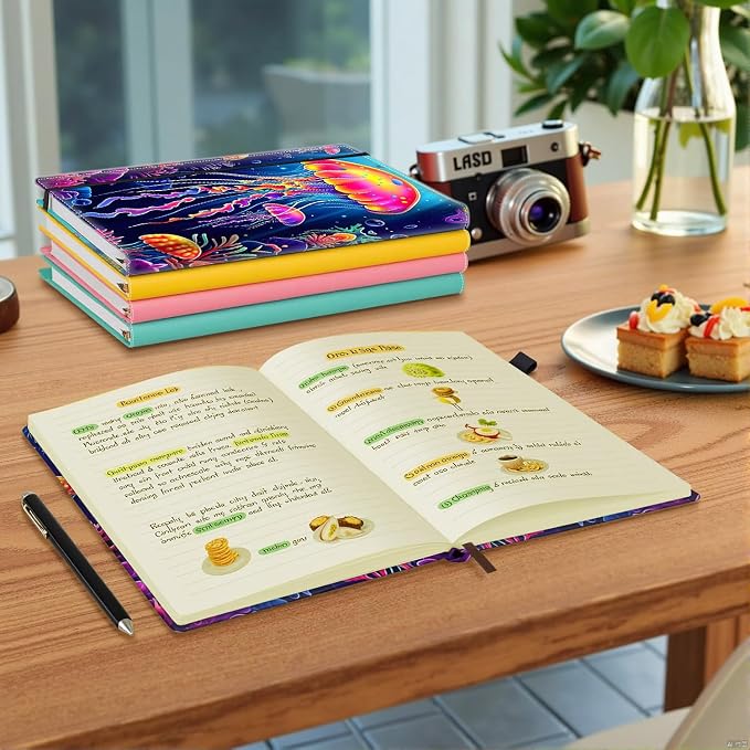 Hardcover Executive Notebooks, A5 PU Leather Lined Journal Notebook, 200 Pages Thick Paper Subject Notebooks for School,Work,Home Writing Business Notebook, Diary Book ，Colorful Large Jellyfish