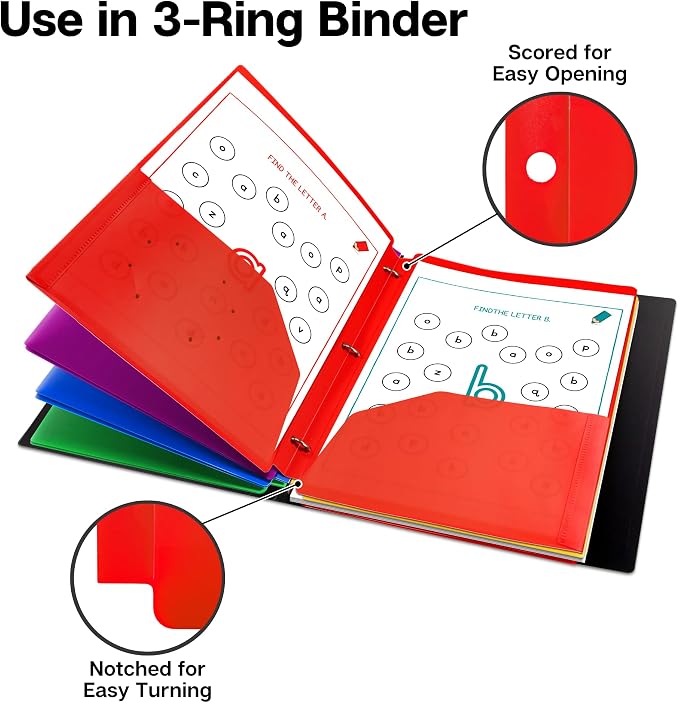 Dunwell Plastic 2-Pocket Folders for 3-Ring Binders, (6 Pack, Assorted Colors) 3 Hole Punched, Divider Folder for Notebook, Durable Poly, Fits 8.5x11 Sheets, Includes Labels