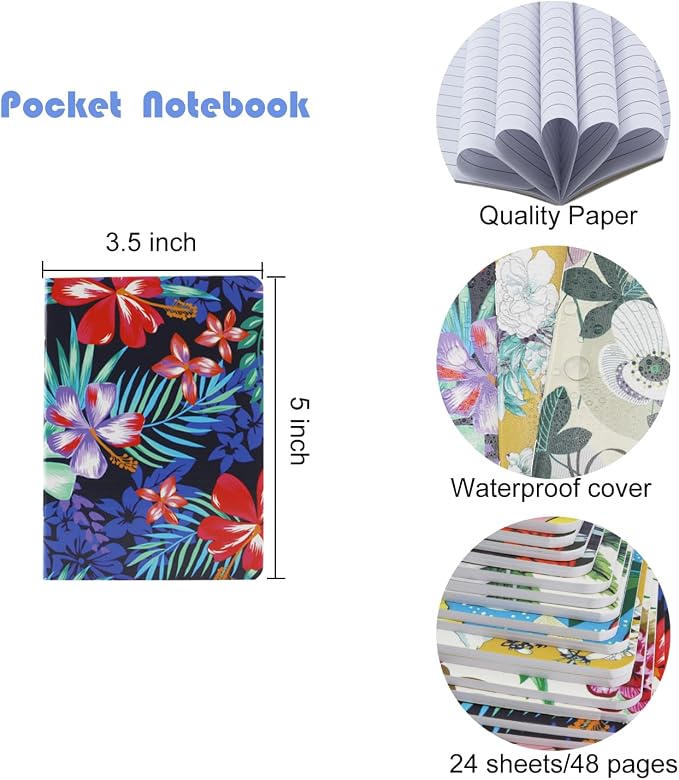 24pcs Mini Notebooks,3.5" x 5" Pocket Notepads,Small Journal for School Office Home Travel Gift Supplies(Flower)