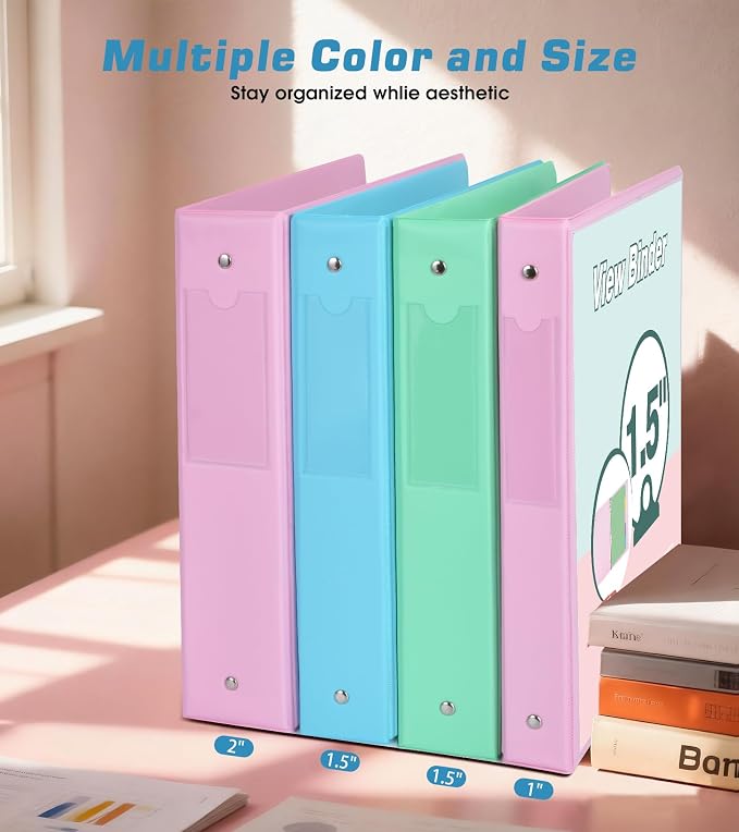 3 Ring Binder 1.5 inch，Cute Binder Organizer with 5 Tab Dividers Fits 175 Sheets of 8.5x11 Paper, Customizable Clear Cover with Inside Pockets, Aesthetic 1.5" Three Ring Binders for School Office，Blue