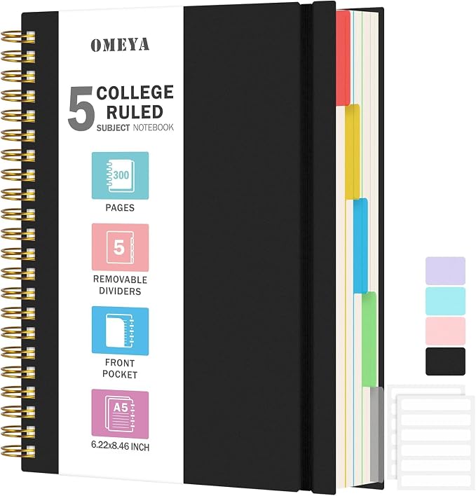 5 Subject Notebooks College Ruled, Lined Notebook with Removable Dividers | 300 Pages 100GSM Thick Spiral Writing Journal for Women & Men, Small A5 Spiral Notebooks for Work, School Supplies, 6" x 8"
