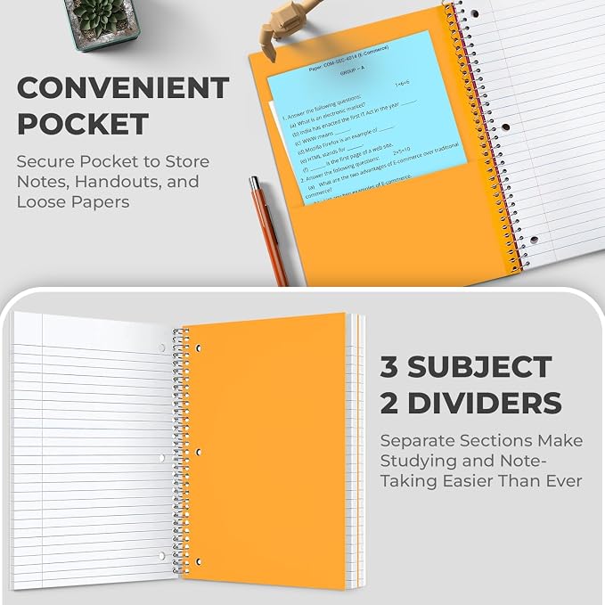 Rosmonde 24 Pack 3 Subject Spiral Notebook College Ruled Bulk, Thick No-Bleed Paper, Extra Pages - 300 Pages (150 Sheets), 8 x 10-1/2", Bulk Spiral Journal for School, 3 Hole Punched, Bulk Notebooks