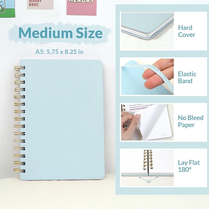 SUNEE Lined Spiral Journal Notebook for Women, 146 Pages College Ruled Hardcover Journaling Notebook for Work, Note Taking and Office School Supplies, A5 - Blue