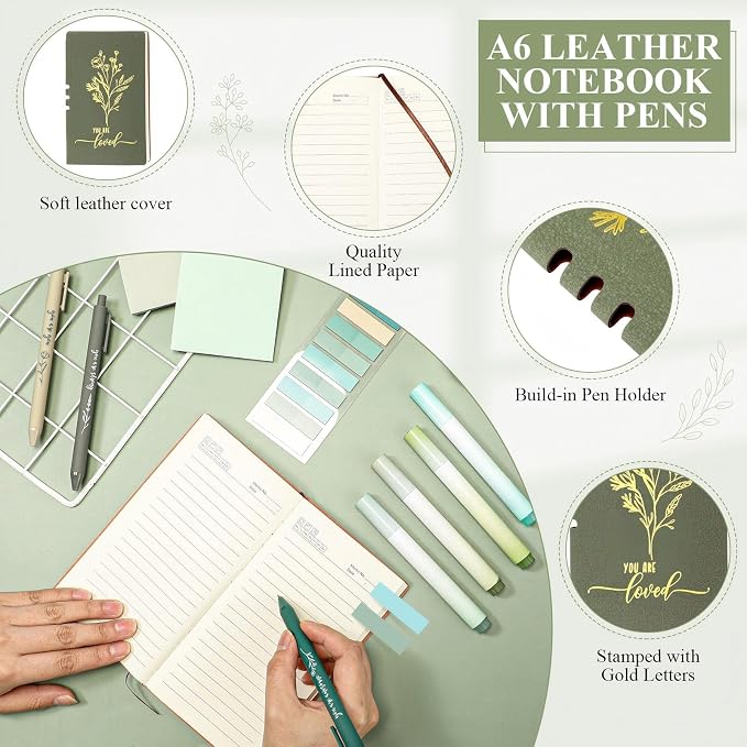 14 Pcs Inspirational Journal Kit for Women Aesthetic A6 Leather Journal Notebook Glass Cup Canvas Tote Bag Motivational Pen Stationery Set for Vbs Sunday School Teacher Back to School(Green)
