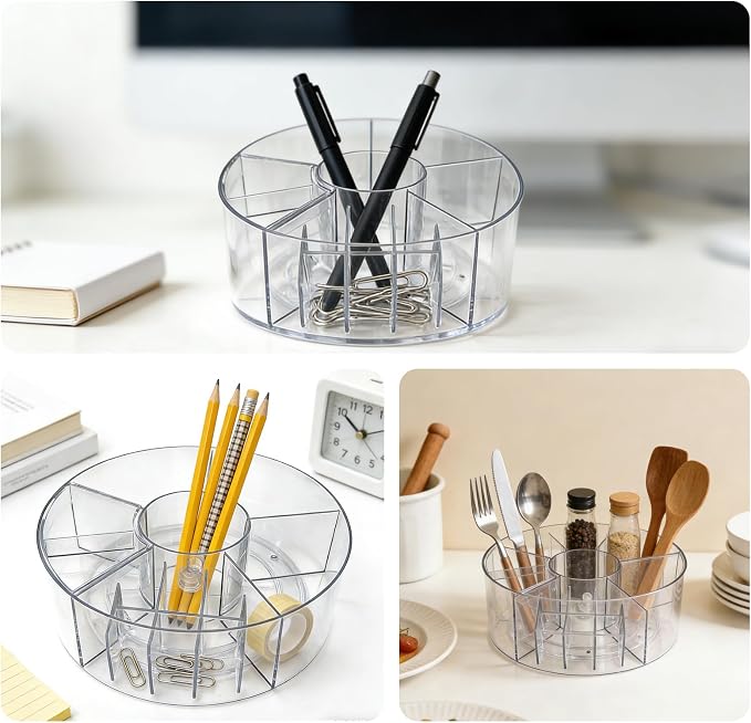 Acrylic Pen Holder, 360 Rotating Pencil Holders & Pen Holders - Multi-Functional Makeup Brush Holder for Desk, Clear Organizer for Cosmetics/Stationery