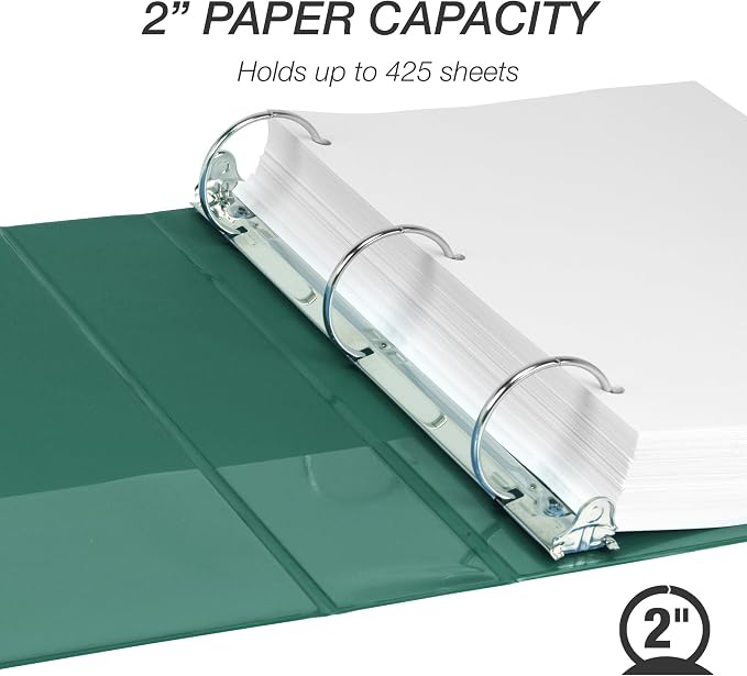 Samsill 2 Inch 3 Ring Binder, Economy Round Ring, Clear View Cover, 425 Sheet Capacity - for School, Home, Office - Forest Green