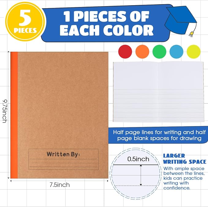 Henoyso 5 Pack Primary Composition Notebook, 9-3/4" x 7-1/2", Kids Primary Journal, K-2 Writing Notebook for Kids Student Draw Write Story Journal Half Blank Books(Bright Color)