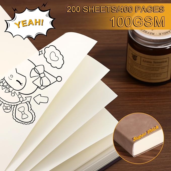 Thick Blank Journal Notebook 400 Pages 3.9 × 5.5 No Lines Soft Leather Pocket Blank Notebook for Women Drawing Book Memo Writing Sketch Diary Notebook Upgrade Page (Marigold)
