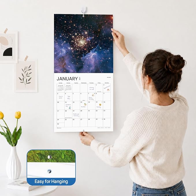 SUNEE Calendar 2026-2027 for Wall, 2027 Large Wall calendar 12x12 Inches with 16 Months from September 2026 to December 2027, Thick Glossy Paper, 12" x 24" (Open), Space, Universe