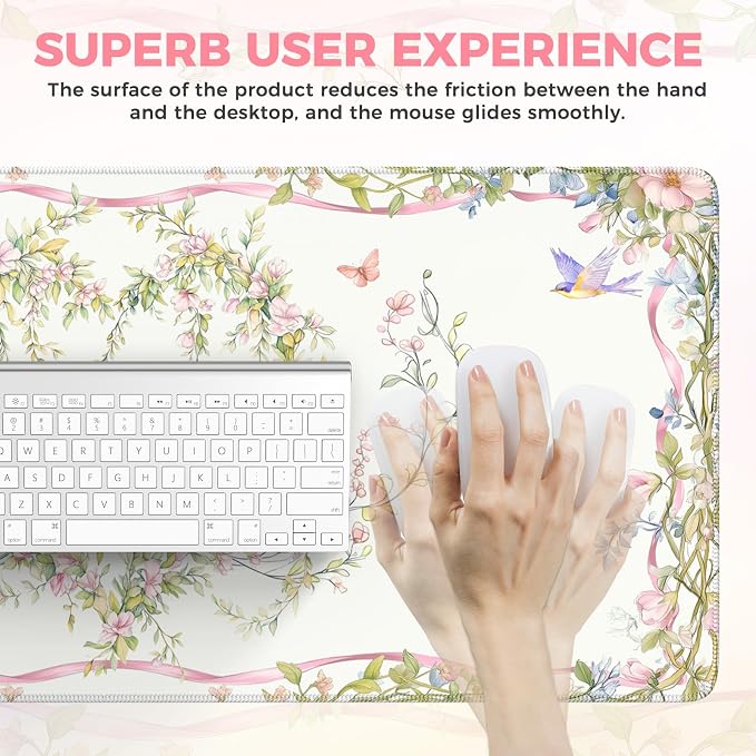 iCasso Desk Matt for Desktop,Cute Desk Pad White,Anti-Slip Large Gaming Mousepad XXL,Soft Lycra Surface Computer Mat Women,Girly Keyboard Pad for Home Office