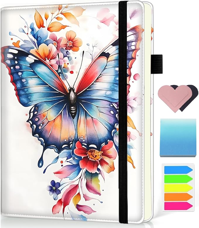 Hardcover Executive Notebooks, A5 PU Leather Lined Journal Notebook, 200 Pages Thick Paper Subject Notebooks for School,Work,Home Writing Business Notebook,Colorful Butterflies and Flowers