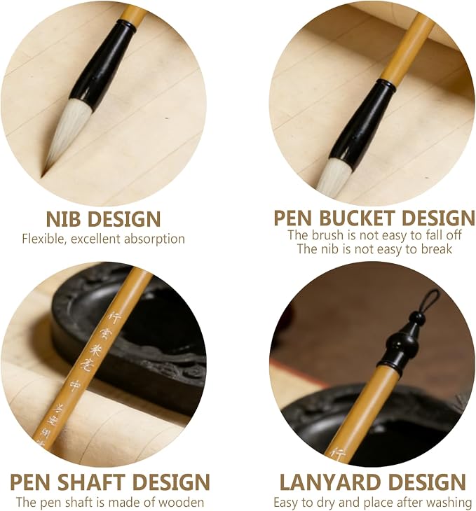 3 Sizes Chinese Calligraphy Brush Set, Chinese Writing Brushes, Wooden Ink Watercolor Painting Brushes Traditional Art Sumi Brush Goat and Wolf Hair (Large, Medium, Small)