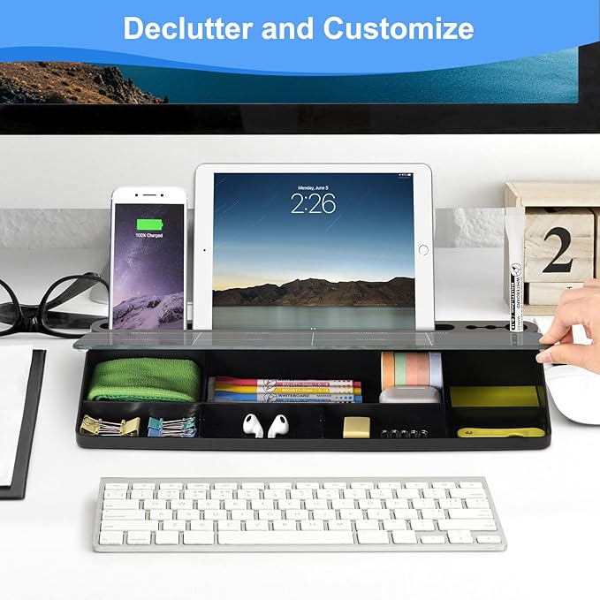 Desktop Glass Whiteboard with Storage, Weekly Calendar Desk White Board | Computer Keyboard Stand, Office Desk Organizers and Accessories with Drawer, To Do Memo Notepad, Home School Supplies