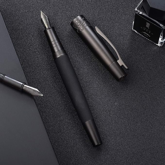 Hongdian 6013 Pure Black General Fountain Pen, PVD Coated Black Medium Nib Solid Metal Pen with Metal Box