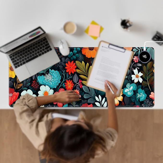 Heated Desk Pad Large Mouse Pad 31.5 x 13 inch with 3 Levels Heating & Auto Shut-Off Warm Mouse pad PU Leather Computer Mousepad for Home Office Work - Colorful Flowers and Leaf