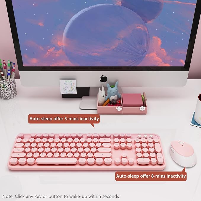 Kootop Cute Wireless Keyboard and Mouse Combo for PC Laptop Desktop Pink | Cute pink Colorful Typewriter Retro Round Keycaps 104 keys for PC Laptop,Desktop,Windows,