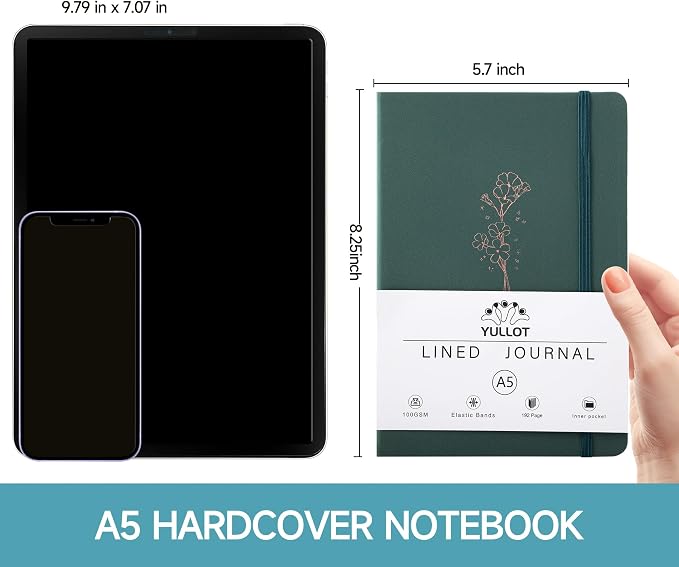 Lined Journal Notebook –A5 PU Leather Hardcover Notebook, 100gsm Thick Bleedproof Paper with Inner Pocket – 192Pages Lined Writing Journal for Students Women Note Taking - Sage Green