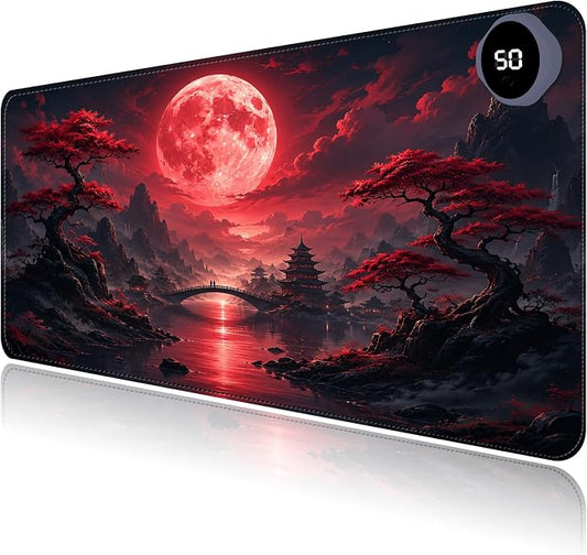 Large Heated Mouse Pad–31.5" x 13" Desk Mat for Office | 3 Adjustable Heat Levels,Auto Shut-Off After 3 Hours for Safety,Keeps Hands Warm While Working，Blood Moon Scenery