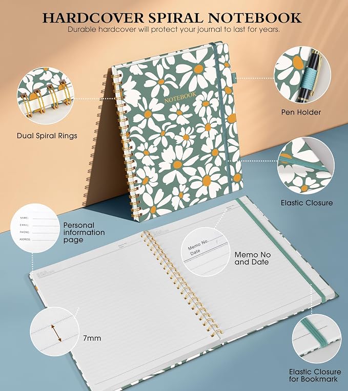 Spiral Notebook Journal 8.5” x 11”, A4 Large Notebooks for Women Men, College Ruled Lined Journal, 100 GSM Paper, Hardcover Spiral Bound Journals for Work School Note Taking Business, Field of Daisies