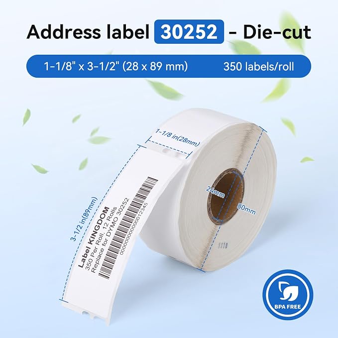 Compatible with DYMO LW 30252 Thermal Label Maker Refill 1-1/8" x 3-1/2" | 12 Roll, 28 x 89 mm, 350/roll, Compatible with LabelWriter 450 Twin Turbo 4XL printer, For multipurpose address barcode Label