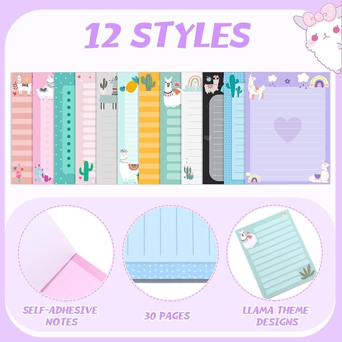 Chiisong 12 Pieces Llama Sticky Notes Cute Animal Alpaca Self Stick Notepads Gift for Mexican Camel Theme Party, 3x4 Inch No Drama to Do List Cactus Notepads Llama Gifts for Home and Office
